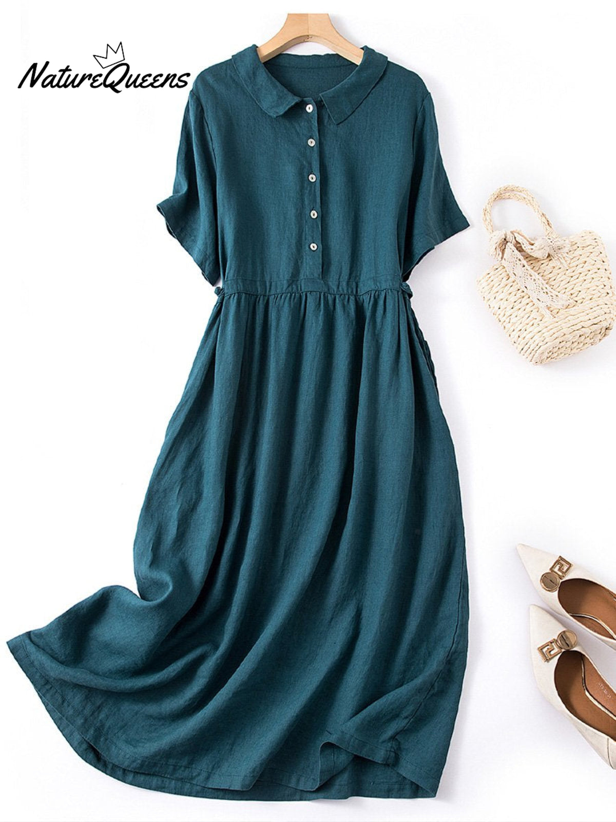 Women’s Spring And Summer Short Sleeve Shirt Collar Retro Dress Blue / M