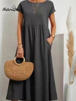 Women’s Solid Color Cotton Linen Round Neck A - Line Dress Grey / S