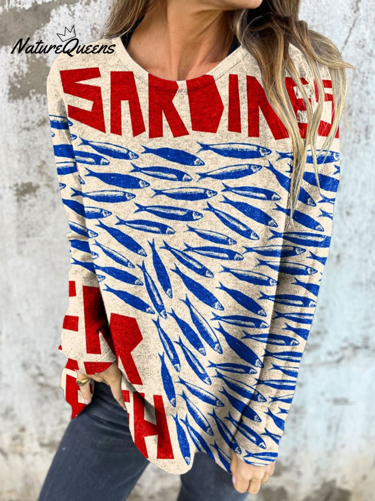 Women's Vintage Fish Sardines Art Print Button Back Casual Knitted Shirt