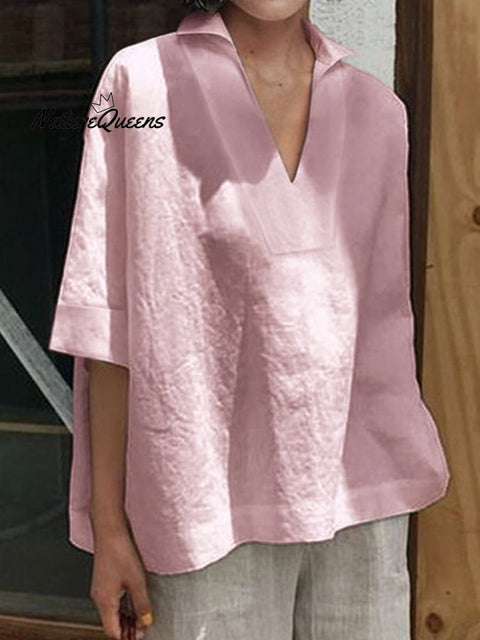 Women’s V - Neck Cotton And Linen Solid Colour Loose Mid - Sleeve Shirt Pink / S