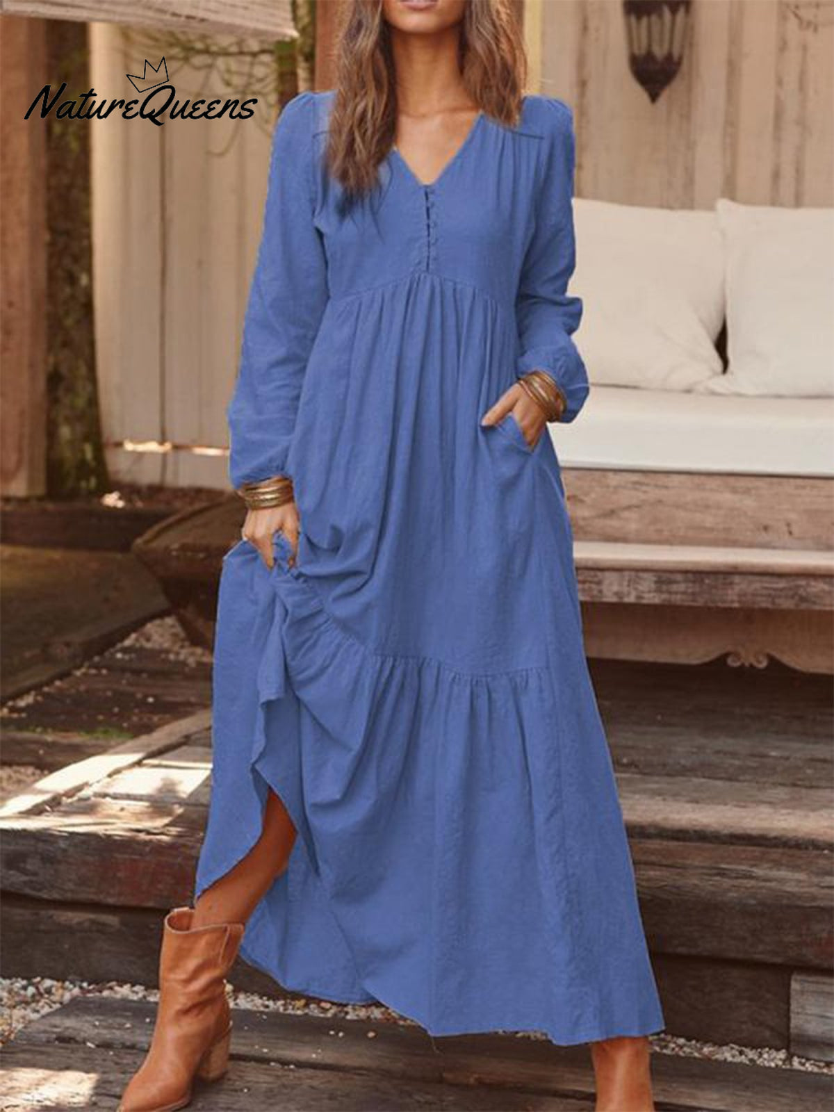 Cotton And Linen Retro Casual Long - Sleeved Dress Deep Blue / S