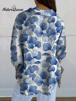 Women's Vintage Floral Art Print Casual Linen V-neck Shirt