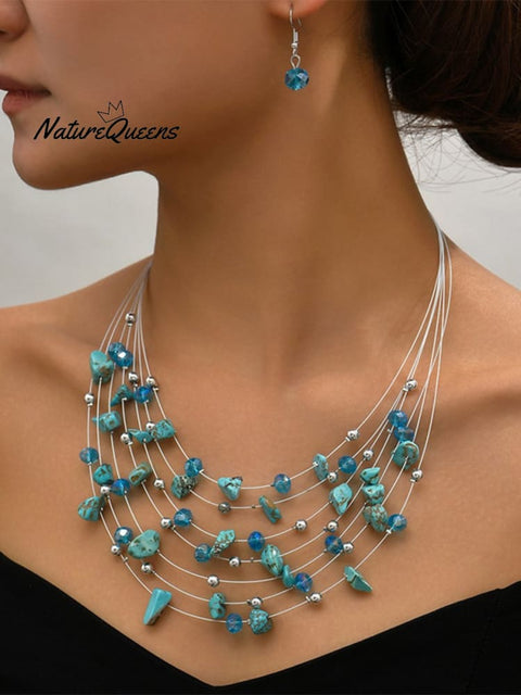 Bohemian Crystal Layered Necklace And Earrings Set