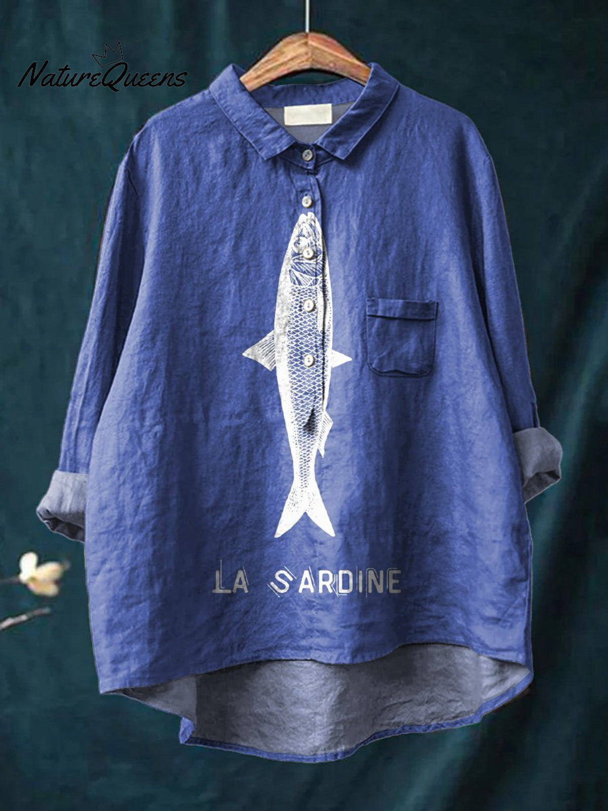 Sardine Fish Graphic Printed Women's Casual Cotton And Linen Shirt