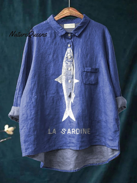 Sardine Fish Graphic Printed Women's Casual Cotton And Linen Shirt