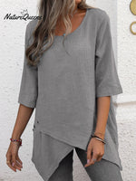 Cotton And Linen Crewneck Irregular Shirt Top Grey / S