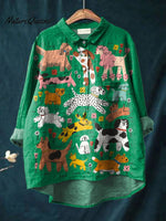 Cute Lovely Dogs Art Print Casual Cotton And Linen Shirt