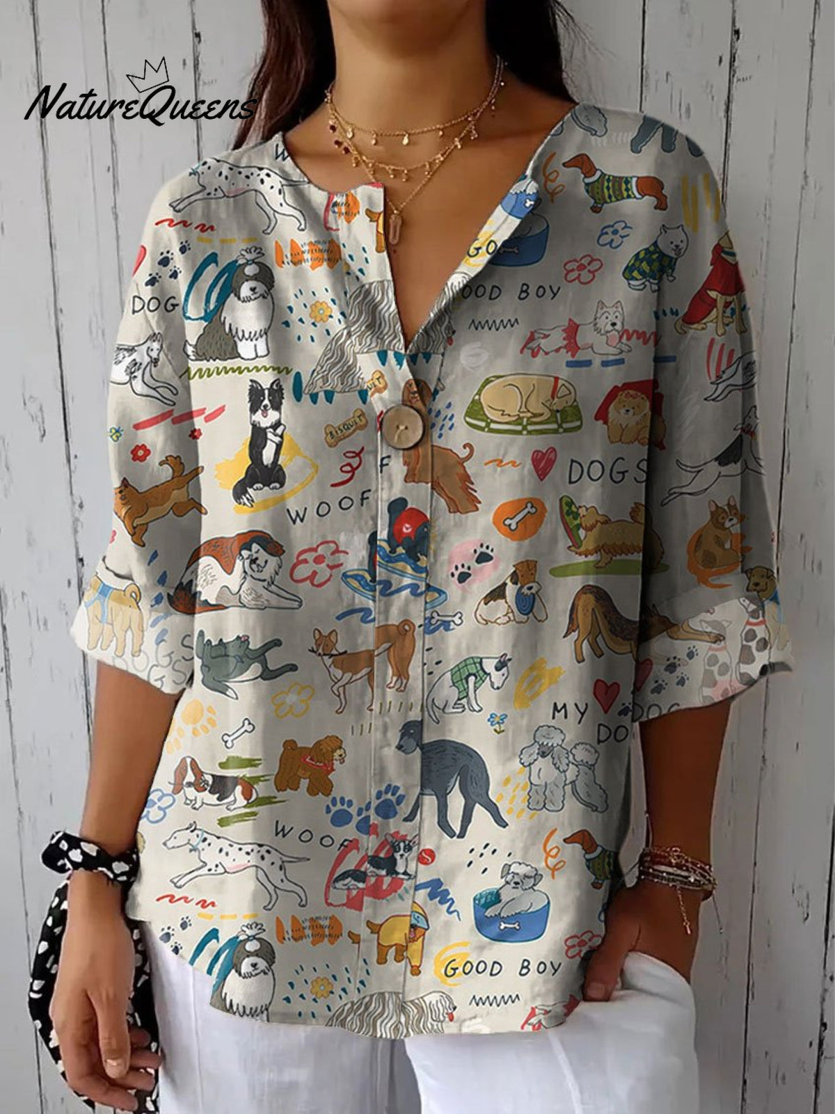 Women's Cute Dog Print Casual Cotton Linen Shirt