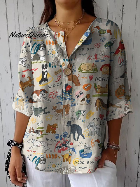 Women's Cute Dog Print Casual Cotton Linen Shirt