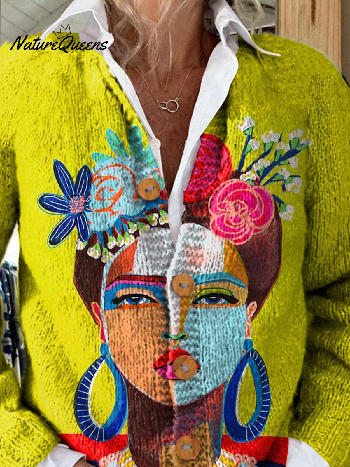 Oil Painting Freda Portrait Art Printed Buttoned Cardigan Sweater