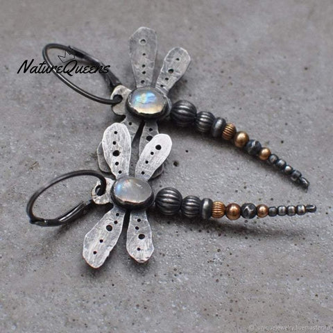 Round Moonstone Dragonfly Earrings