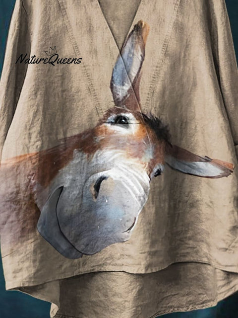 Women's Funny Donkey Art Print Casual Cotton And Linen V-neck Shirt