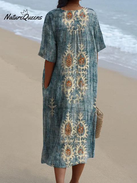 Women's Vintage Floral Ethnic Art Print Casual Flowy Dress