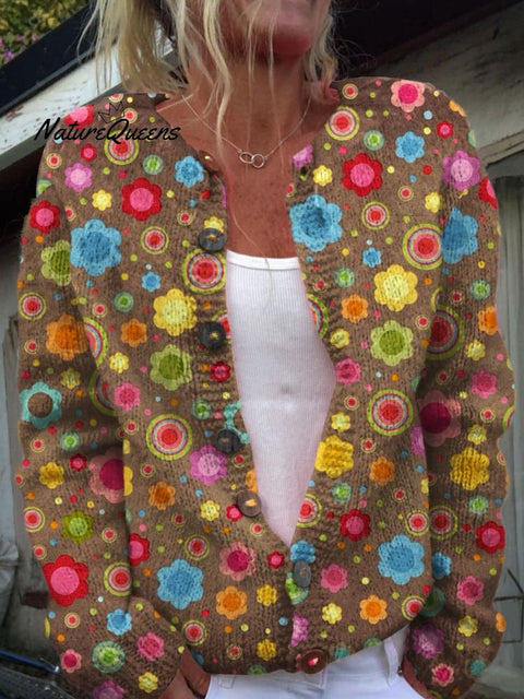 Multicolor  Polka Dots Art Print Buttoned Cardigan Sweater