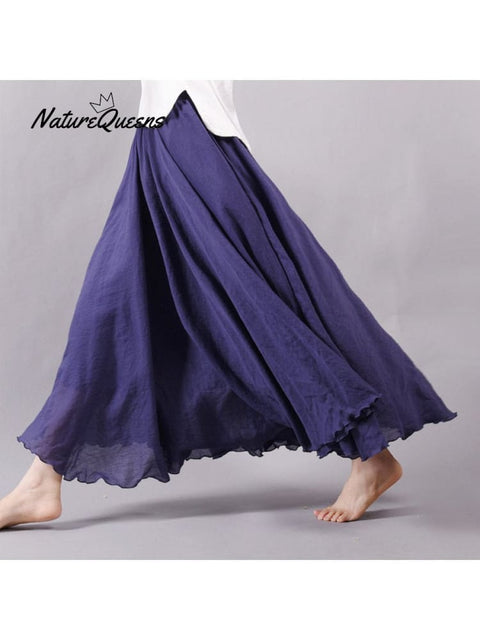 Women’s Cotton Linen Skirt Casual Elastic High Waist Pleated A-Line Beach Skirts Navy Blue / S