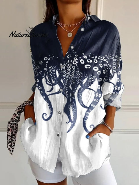 Women's Octopus Art Print Casual Cotton Shirt