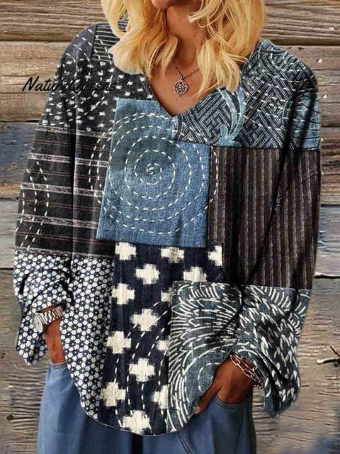 Women's V-neck Printed Casual Long Sleeve Comfortable Sweatshirt