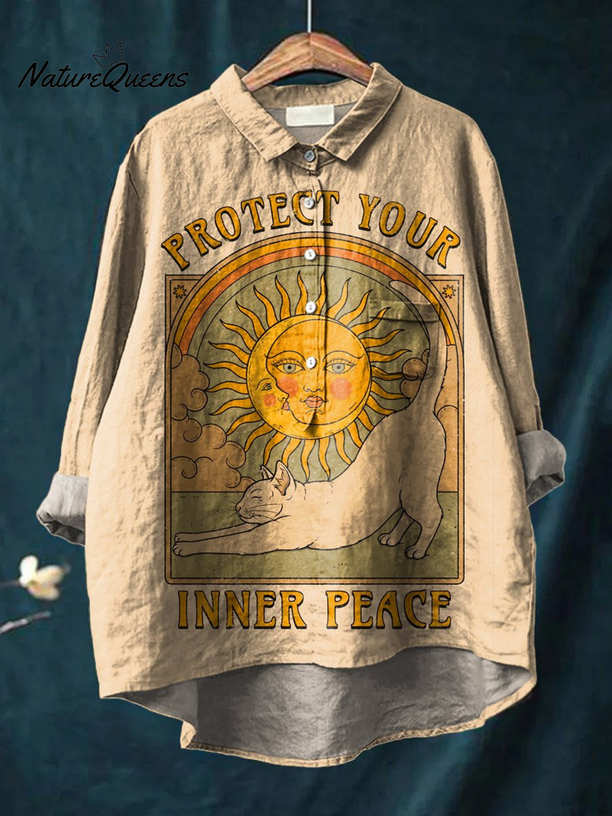 Vintage Protect Your Inner Peace Art Print Casual Cotton And Linen Shirt