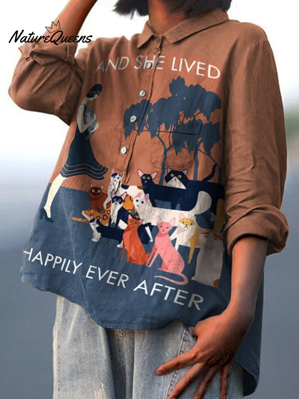 Cat Lady and She Lived Happily Ever After Decorative Pattern Casual Cotton And Linen Shirt
