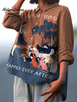 Cat Lady and She Lived Happily Ever After Decorative Pattern Casual Cotton And Linen Shirt
