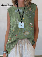 Woodland And Animal Pattern Printed Women's CasualCotton And Linen Tank Top