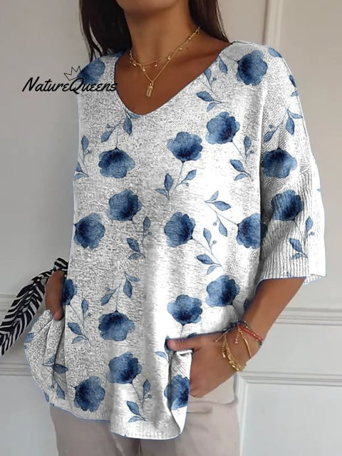 Women's Cute Little Blue Flower Print Casual Pullover Knit