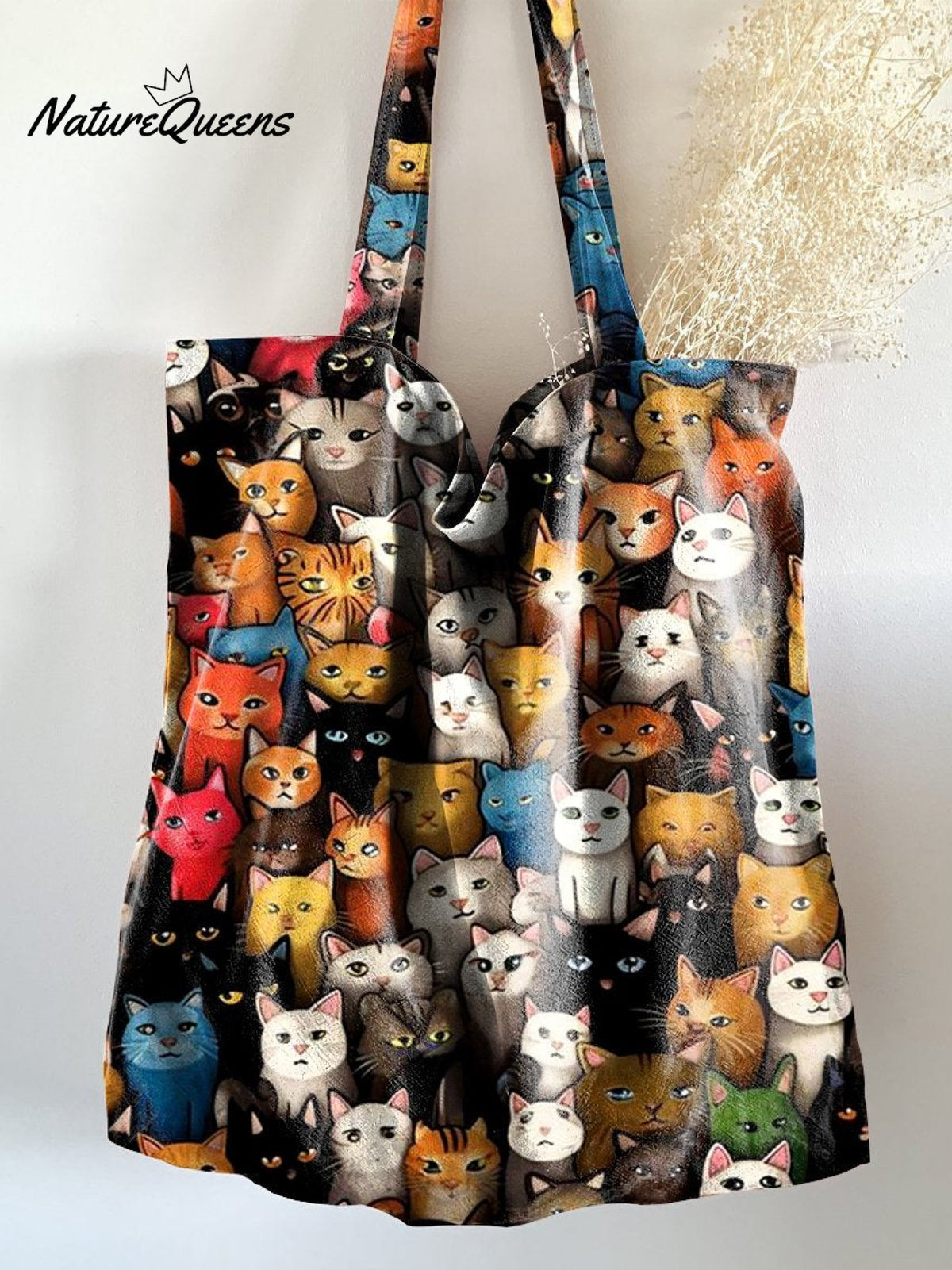 Colorful Cat Print Linen Tote Bag