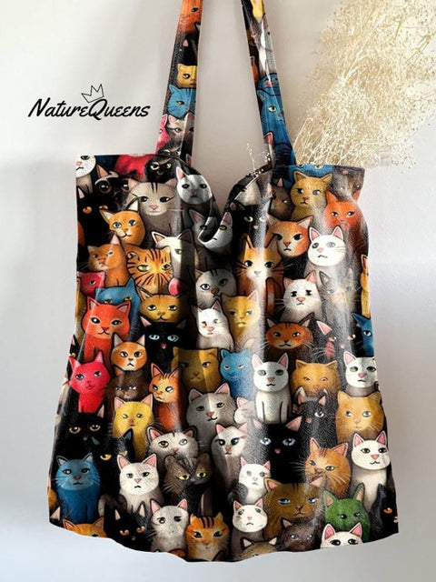 Colorful Cat Print Linen Tote Bag