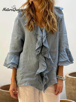 Women's Ruffles Casual Cotton And Linen 3/4 Sleeves Shirt