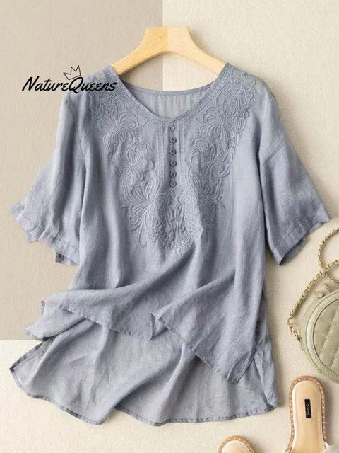 Women's Cotton And Linen Short Sleeve Embroidery Blouse