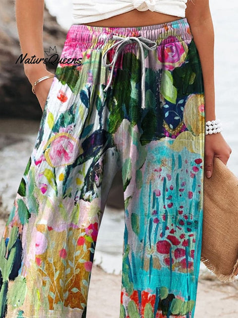 Abstract Floral Garden Printed Women's Cotton And Linen Casual Pants