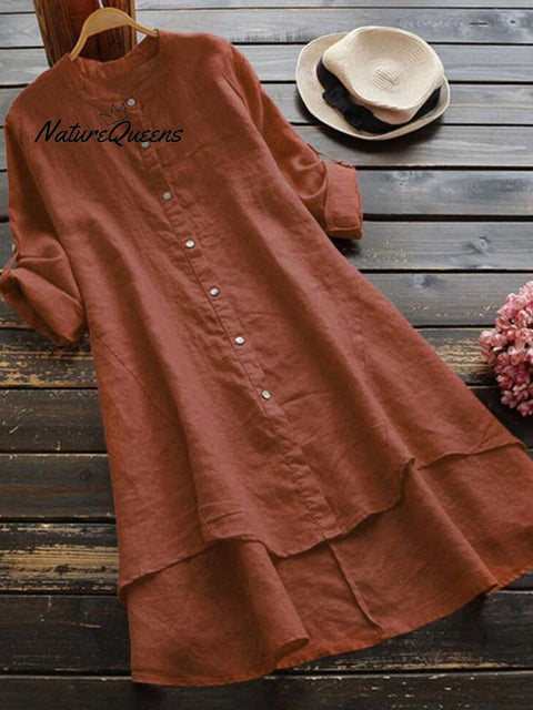 Women's Solid Color Loose Elegant Casual Cotton And Linen Shirt Dress