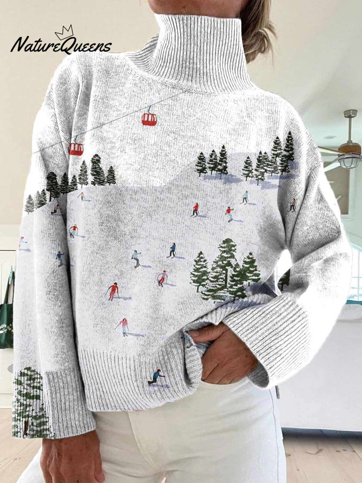 Women's Ski Pattern Art Print Knit Turtleneck Pullover Sweater