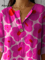 Vibrant Pink Floral Pattern Printed Women's Casual Cotton Linen Shirt