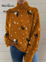 Halloween Black Cat Art Print Buttoned Cardigan Sweater