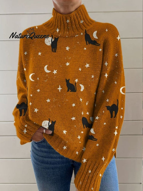 Halloween Black Cat Art Print Buttoned Cardigan Sweater