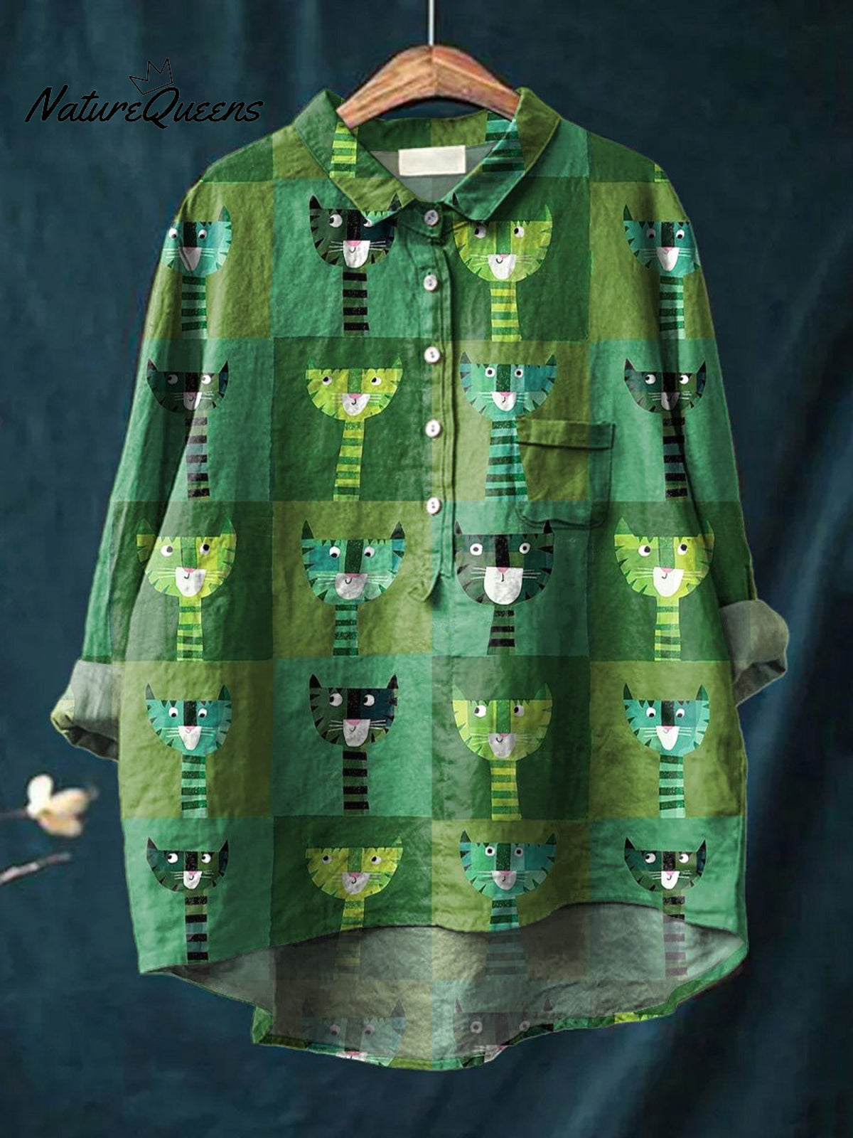 Green Cats Repeat Pattern Printed Women's Casual Cotton And Linen Shirt