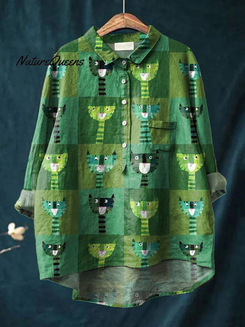 Green Cats Repeat Pattern Printed Women's Casual Cotton And Linen Shirt