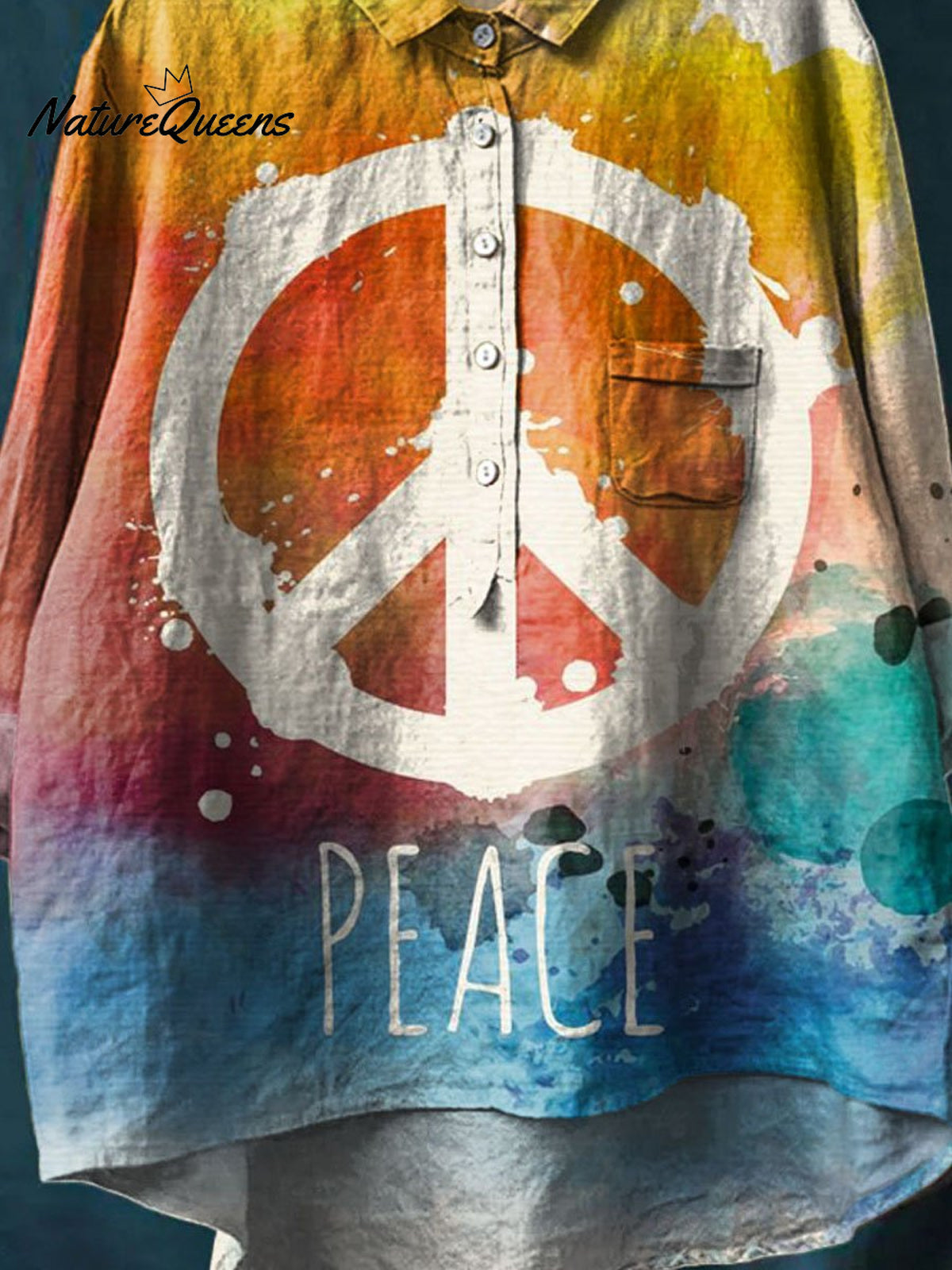 Vintage Love And Peace Art Print Casual Cotton And Linen Shirt