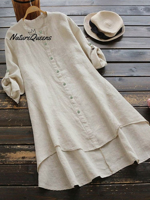 Women's Solid Color Loose Elegant Casual Cotton And Linen Shirt Dress