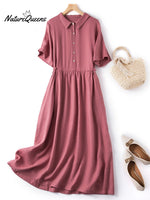 Women’s Spring And Summer Short Sleeve Shirt Collar Retro Dress Darkpink / M