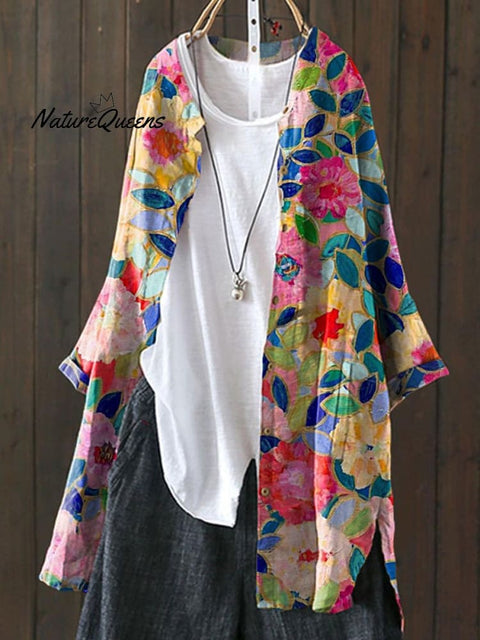 Women's Flower Print Loose Casual Top Jacket
