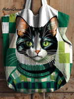 Cat Wearing Sweater Art Printed Linen Tote Bag