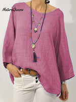 Women’s Solid Colour Cotton And Linen Round Neck Ninth Sleeve Blouse Rosepink / S
