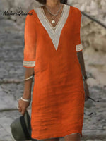 V - Neck Mid - Sleeved Cotton And Linen Casual Dress Orange / S