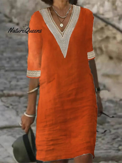 V - Neck Mid - Sleeved Cotton And Linen Casual Dress Orange / S