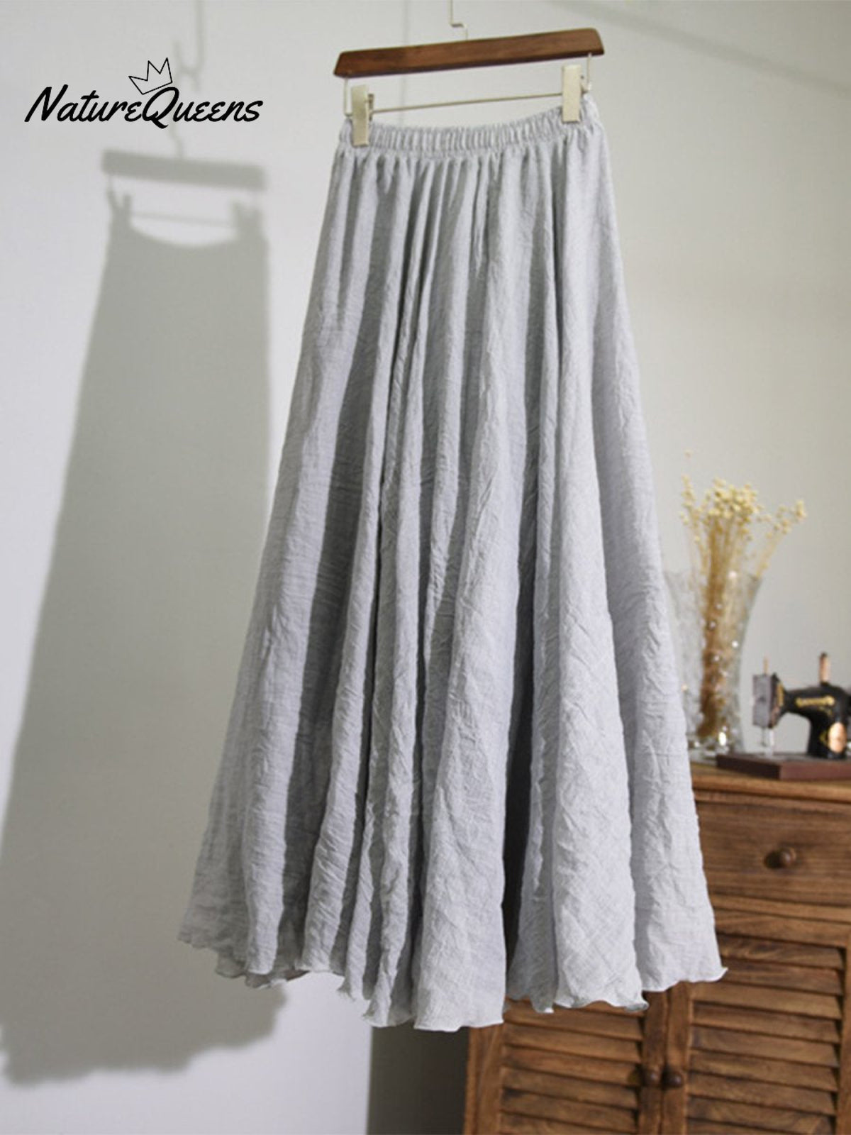 Women’s Cotton Linen Skirt Casual Elastic High Waist Pleated A-Line Beach Skirts Light Gray / S
