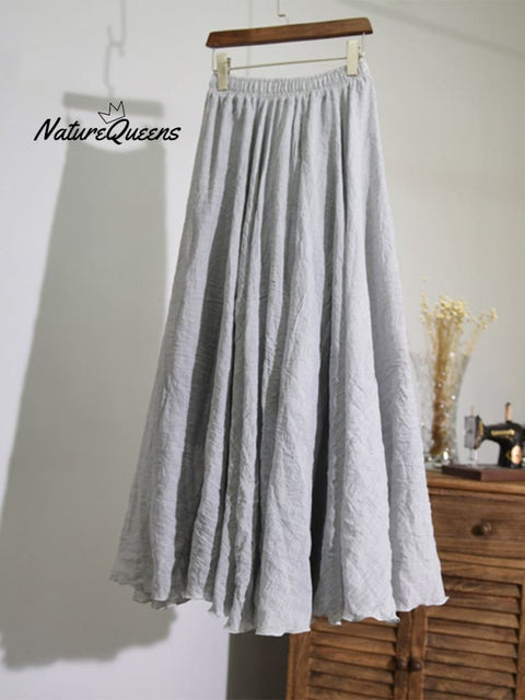 Women’s Cotton Linen Skirt Casual Elastic High Waist Pleated A-Line Beach Skirts Light Gray / S