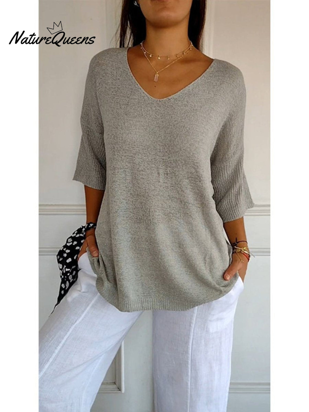 Women’s Solid Color Knitted 3/4 Sleeve V - Neck Top Light Grey / S