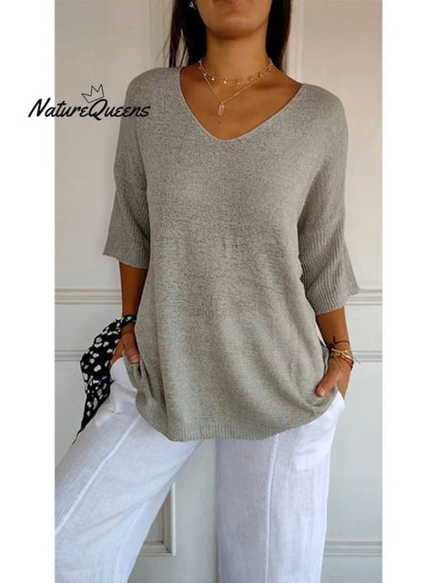 Women’s Solid Color Knitted 3/4 Sleeve V - Neck Top Light Grey / S